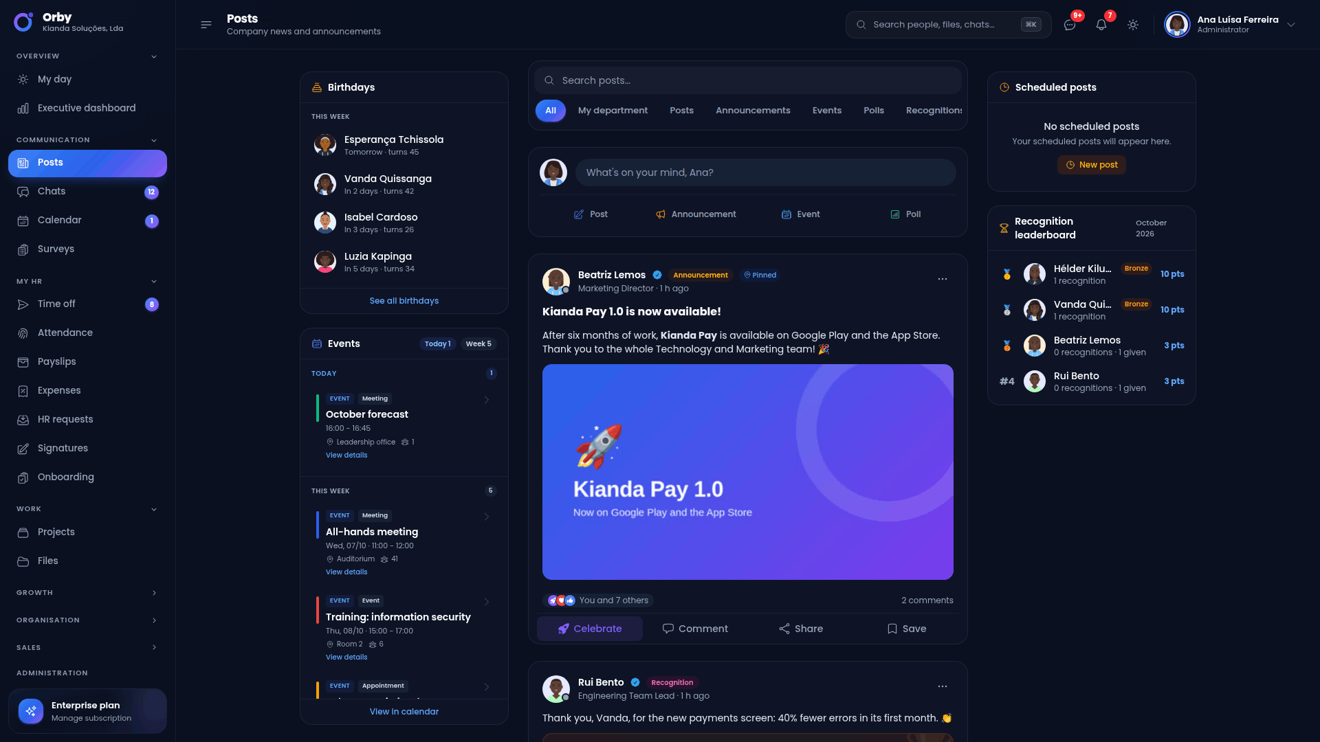 Company feed with announcements and recognition