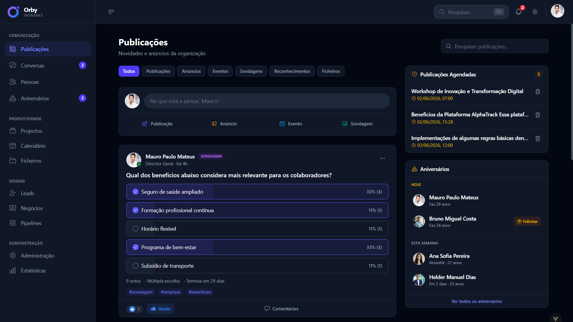 Feed do Orby — actividade e publicações da equipa