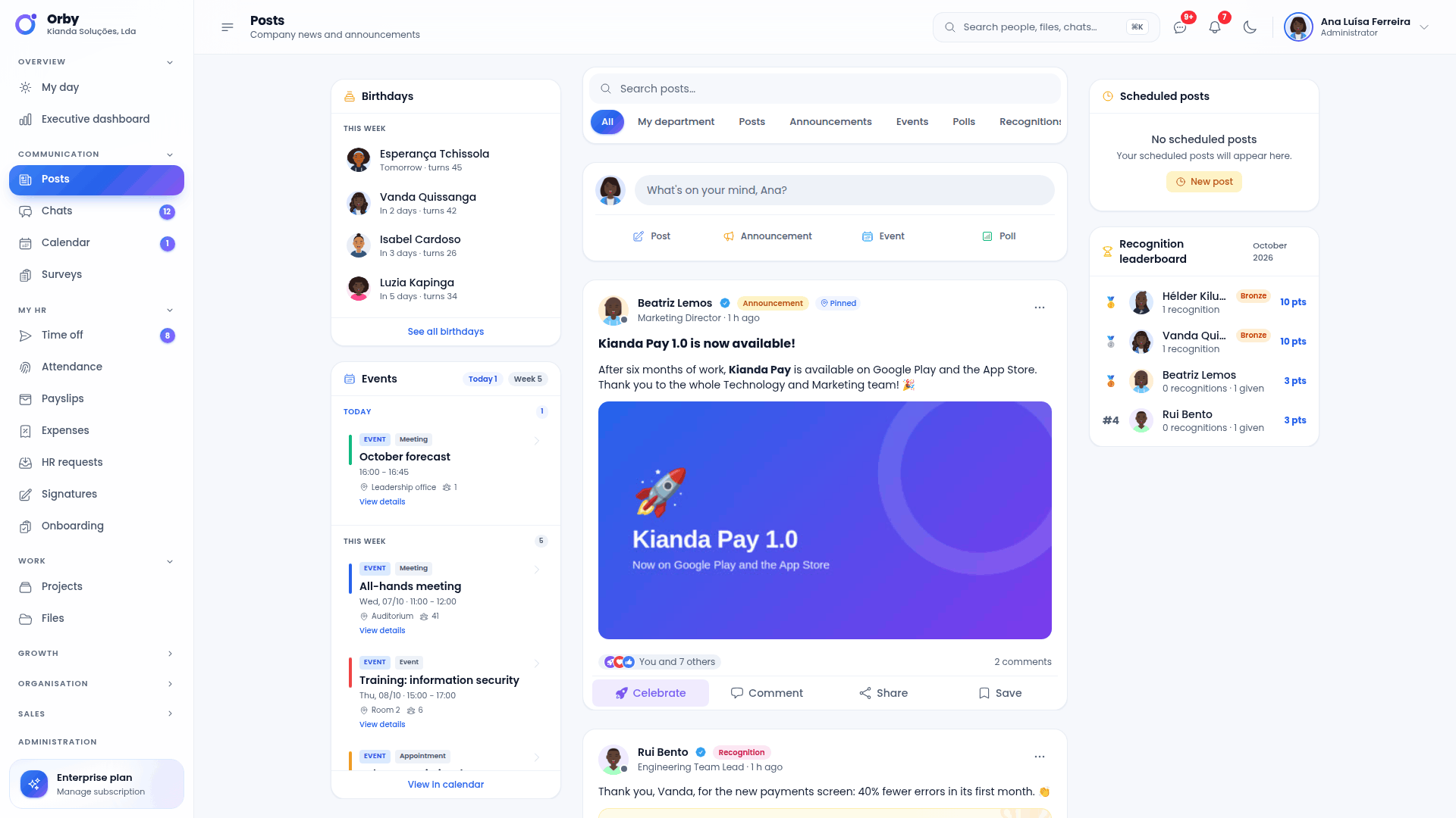 Company feed with announcements and recognition