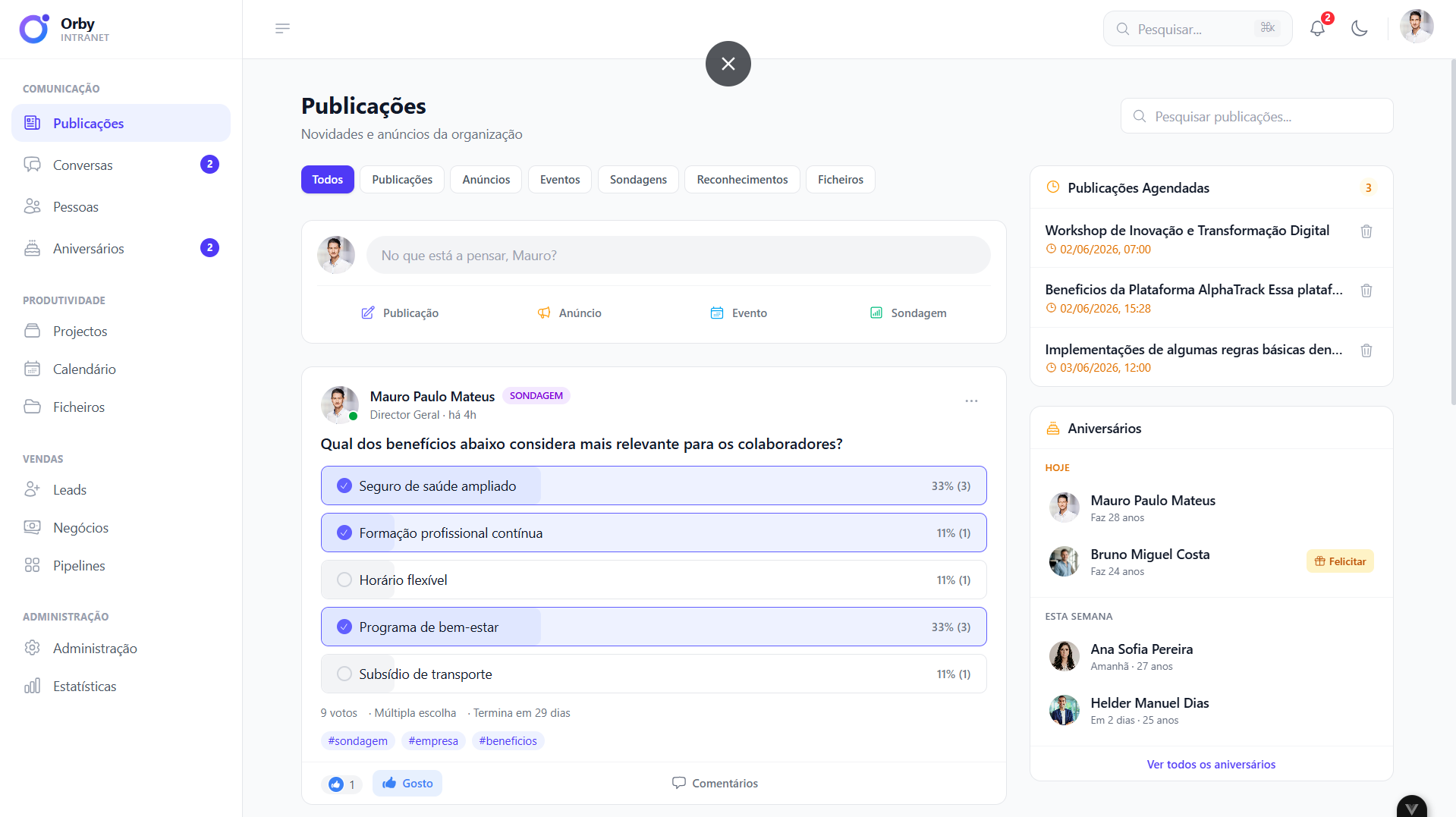 Feed do Orby — actividade e publicações da equipa