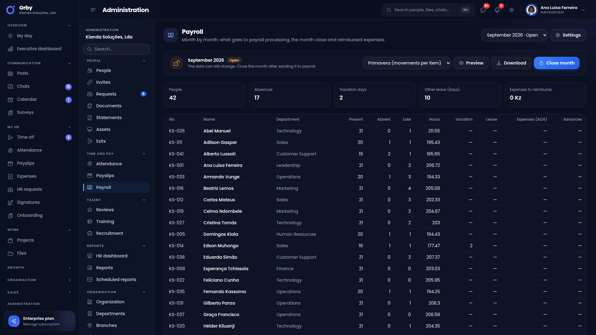 Preview of the payroll file for Primavera