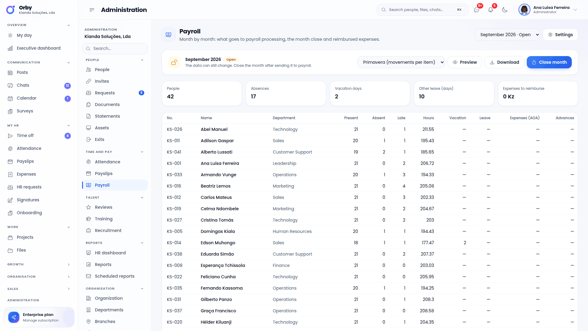 Preview of the payroll file for Primavera