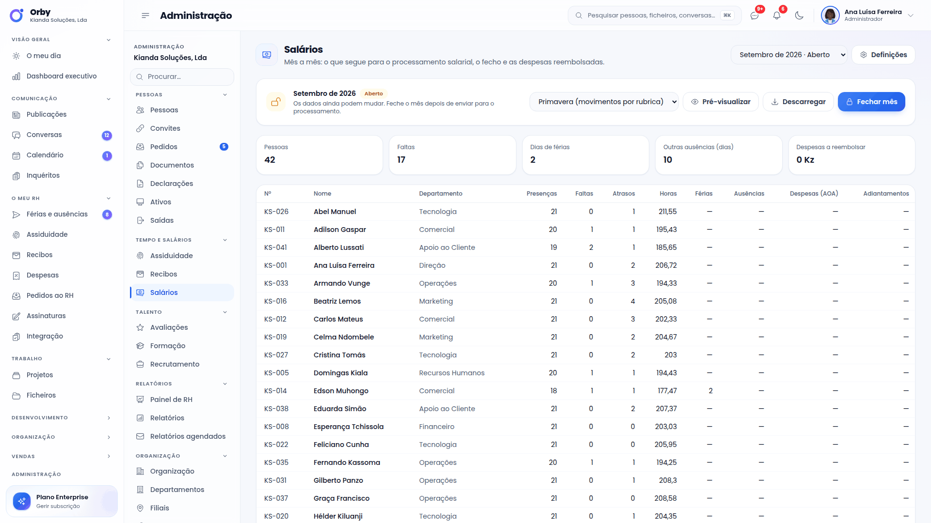 Pré-visualização do ficheiro de salários para o Primavera